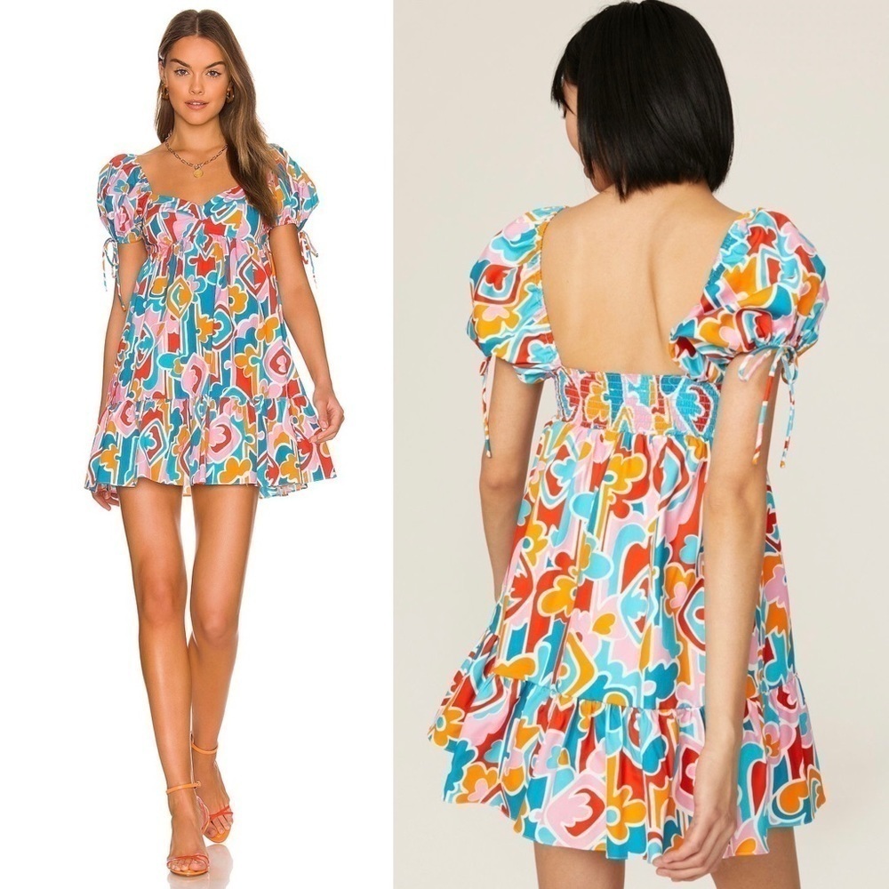 AMANDA UPRICHARD 90s Abstract Graphic Print Puff Short Sleeve Babydoll Dress L‎ - Picture 8 of 16